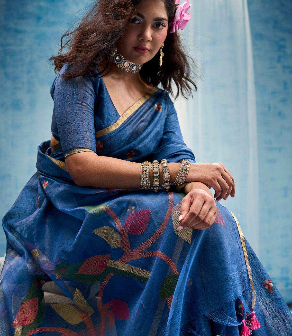 Peachmode Blue Munga Cotton Handloom Woven Saree - Image 4