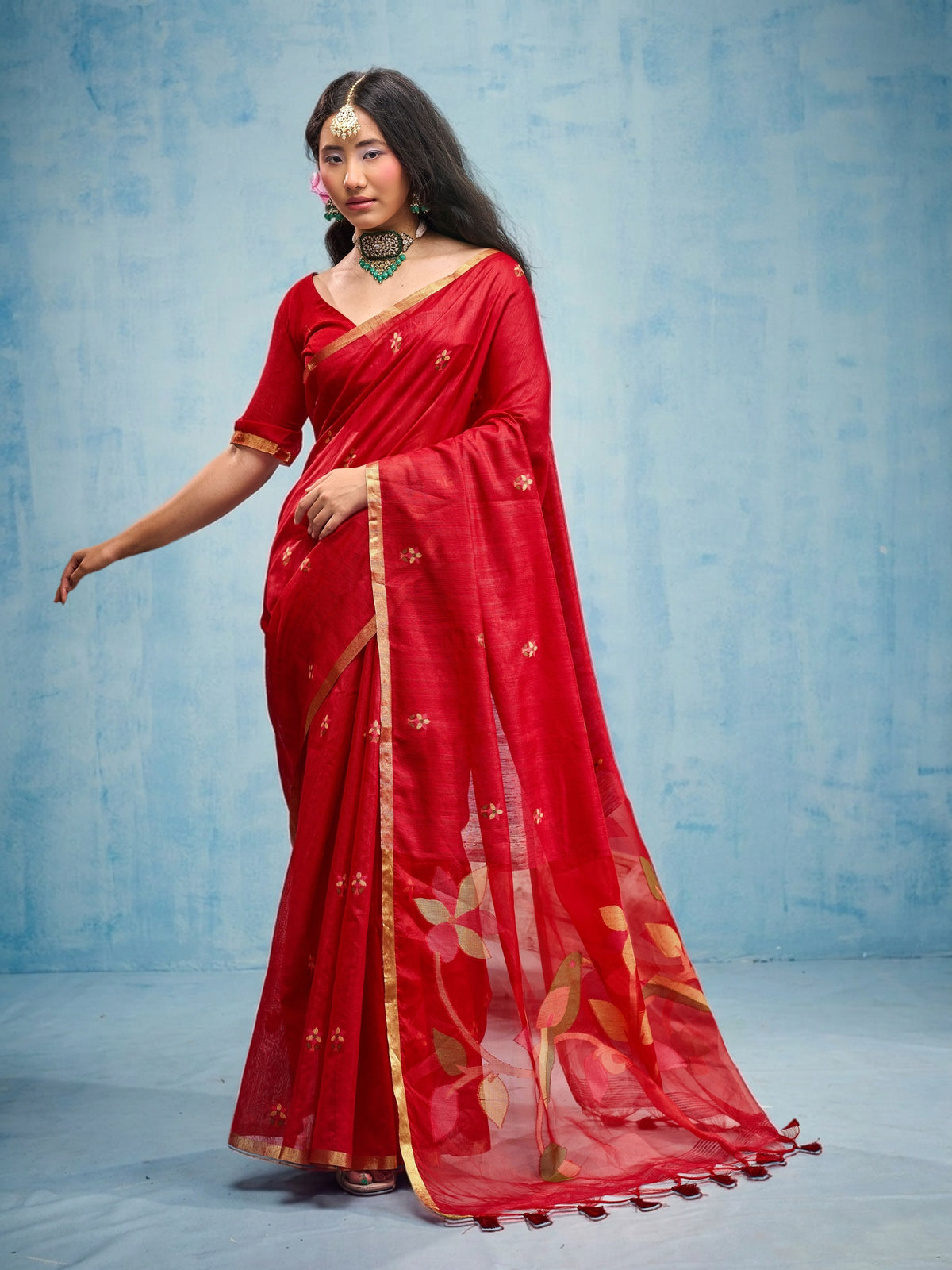 Peachmode Red Munga Cotton Handloom Woven Saree - Image 1