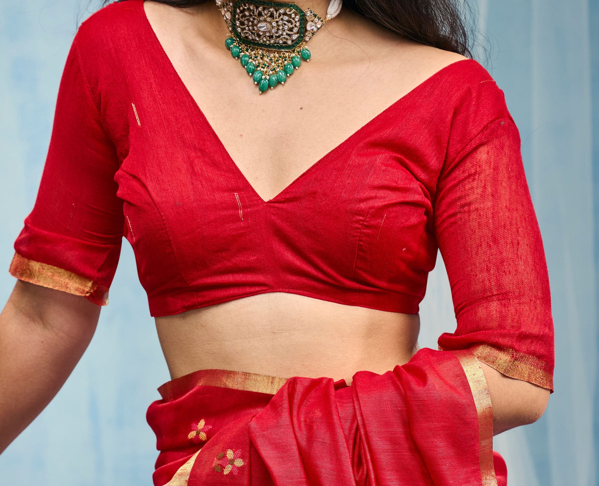Peachmode Red Munga Cotton Handloom Woven Saree - Image 3