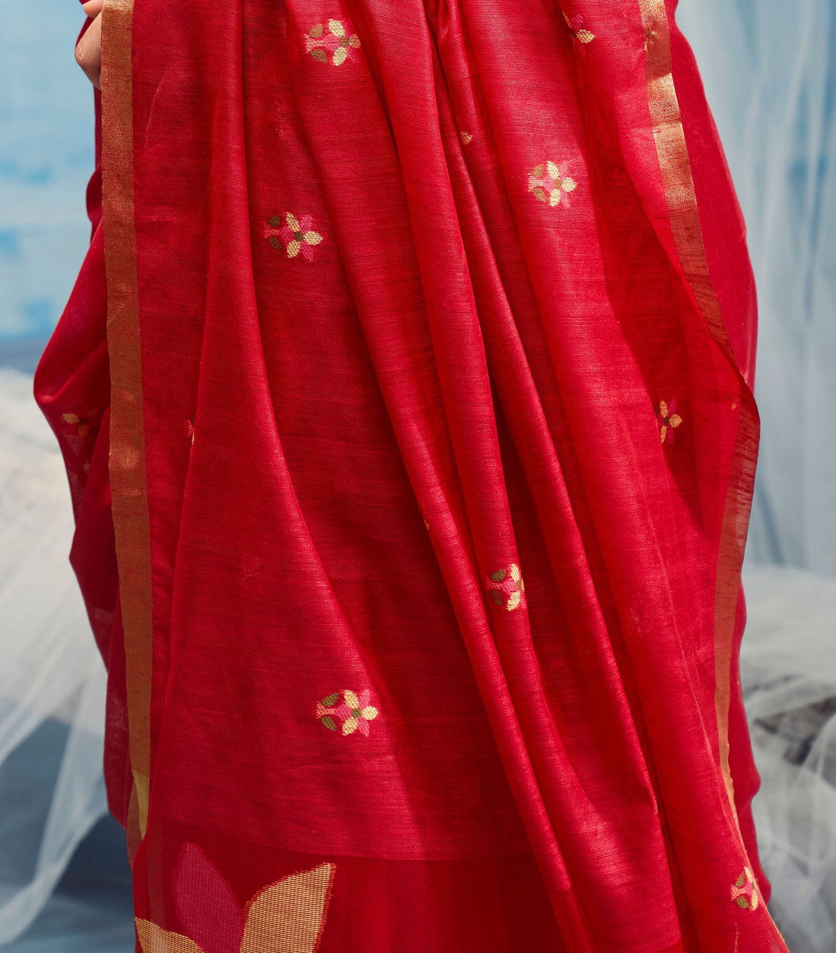 Peachmode Red Munga Cotton Handloom Woven Saree - Image 5