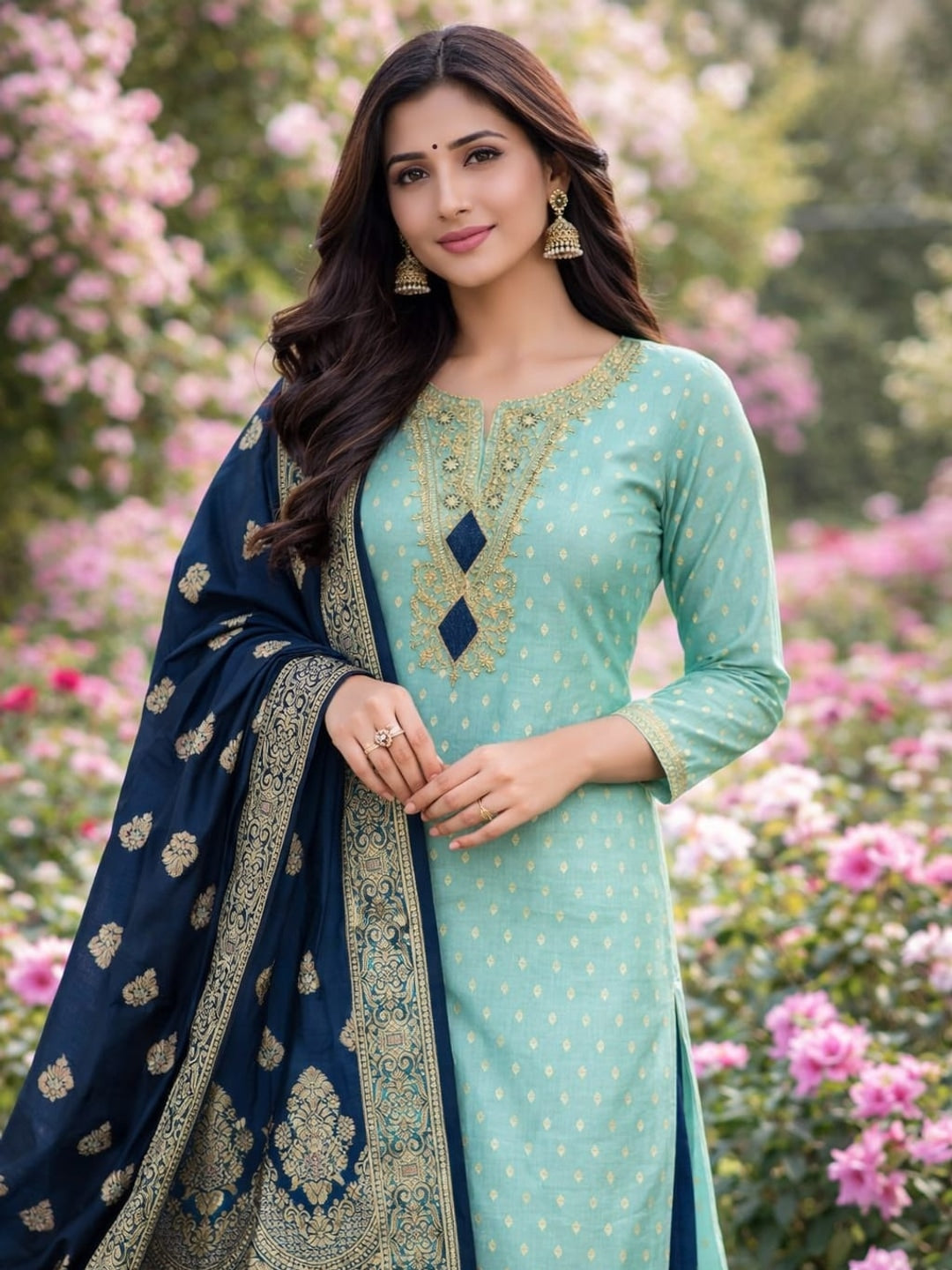 Peachmode Turquoise Embroidered Shimmer Jacquard Dress Material - Image 2
