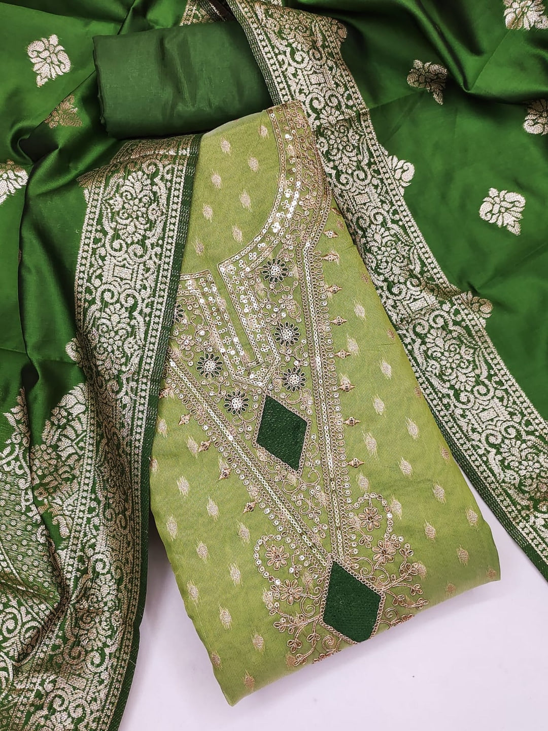 Peachmode Green Embroidered Shimmer Jacquard Dress Material - Image 1