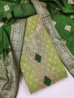 Peachmode Green Embroidered Shimmer Jacquard Dress Material - Image 1
