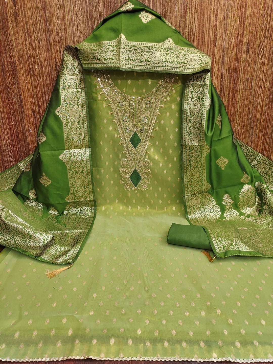 Peachmode Green Embroidered Shimmer Jacquard Dress Material - Image 3