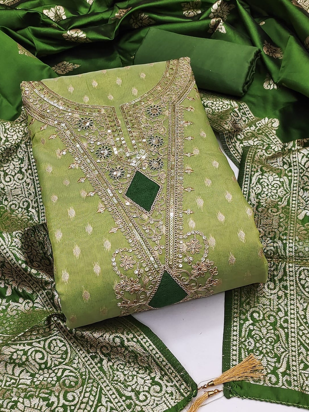 Peachmode Green Embroidered Shimmer Jacquard Dress Material - Image 4
