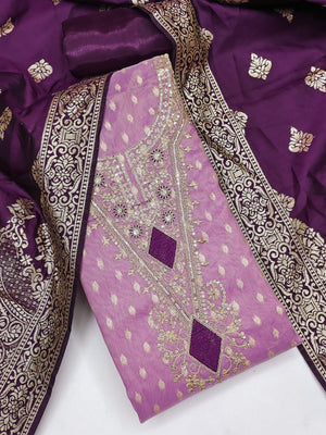 Peachmode Purple Embroidered Shimmer Jacquard Dress Material - Image 1