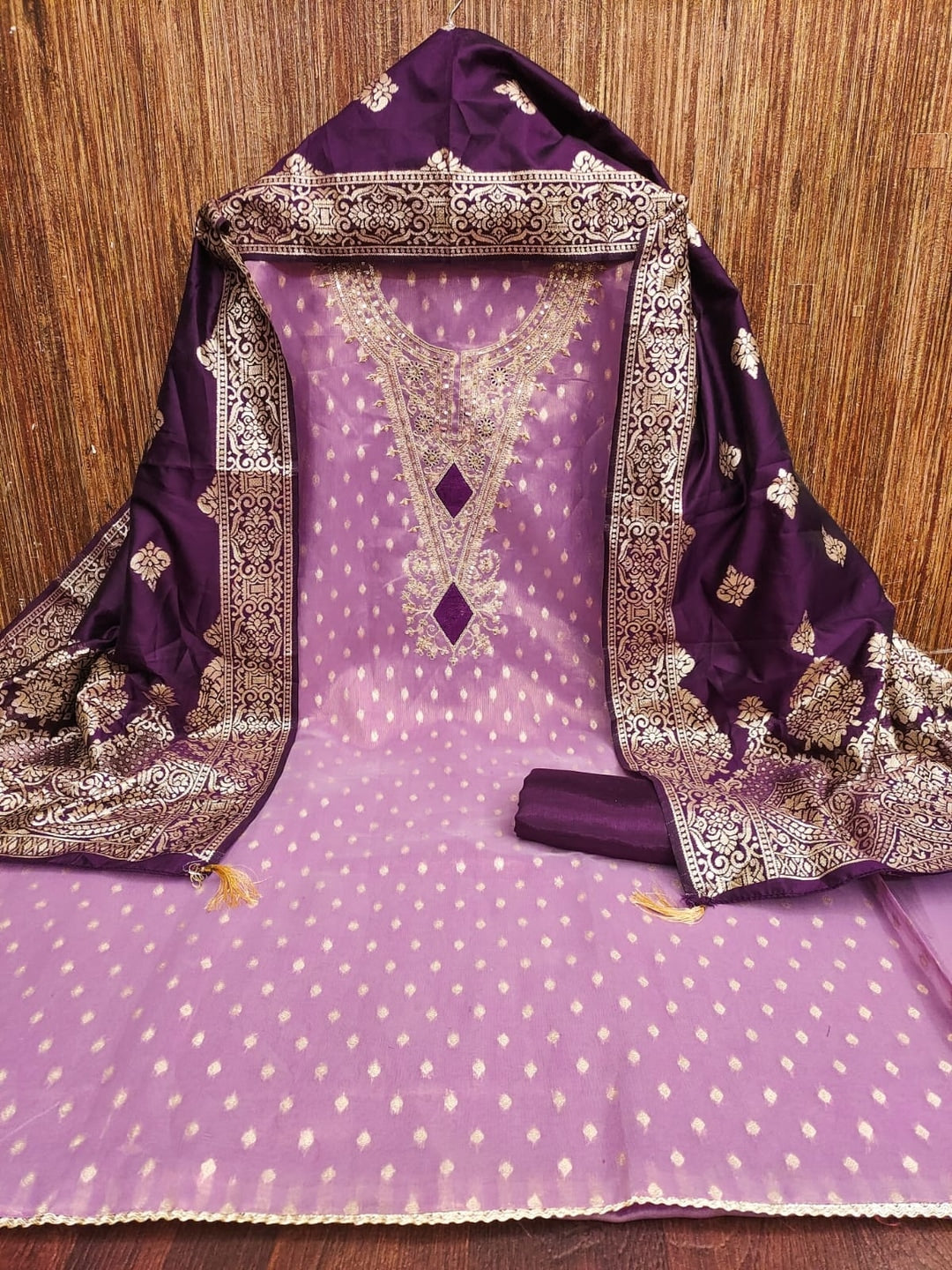Peachmode Purple Embroidered Shimmer Jacquard Dress Material - Image 3