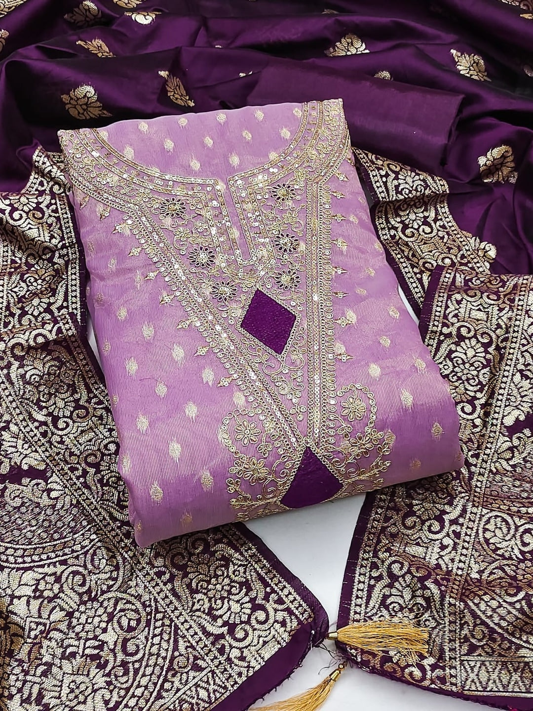 Peachmode Purple Embroidered Shimmer Jacquard Dress Material - Image 4