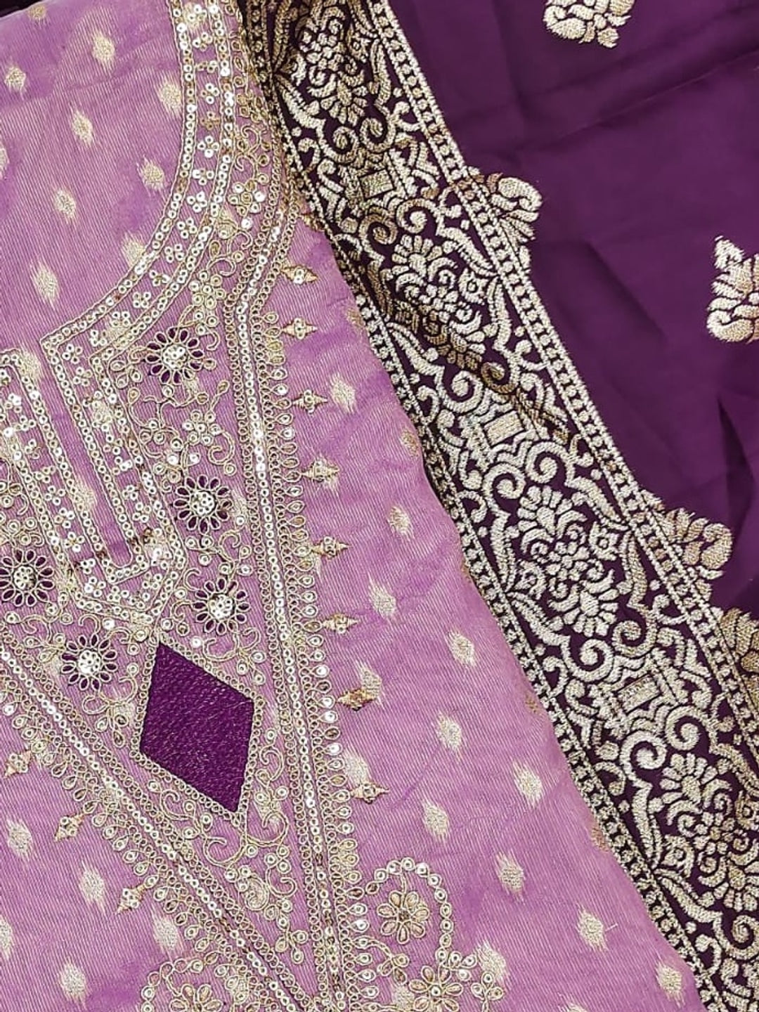 Peachmode Purple Embroidered Shimmer Jacquard Dress Material - Image 5