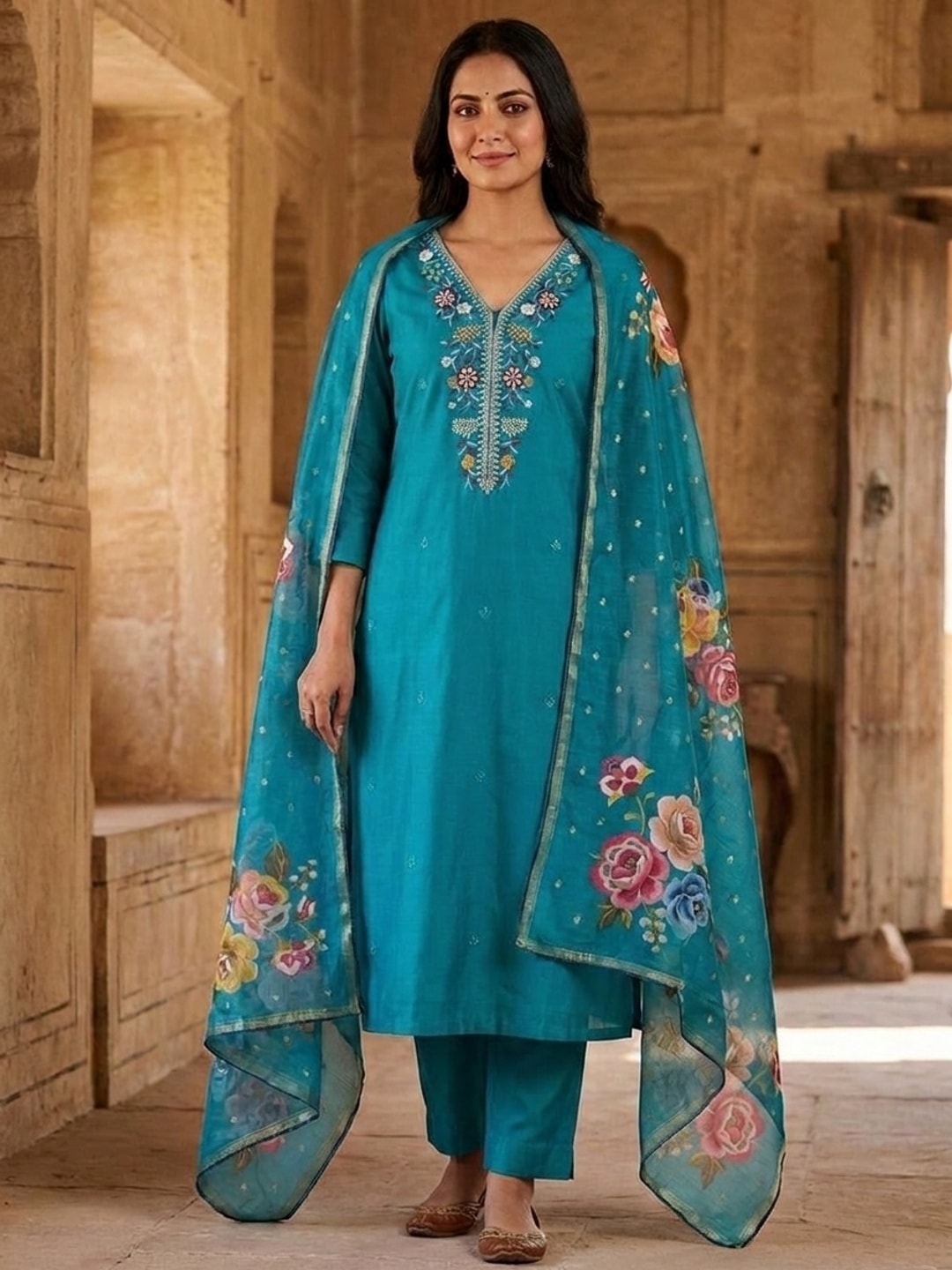 Peachmode Turquoise Floral Embroidered Chanderi Silk Dress Material - Image 2
