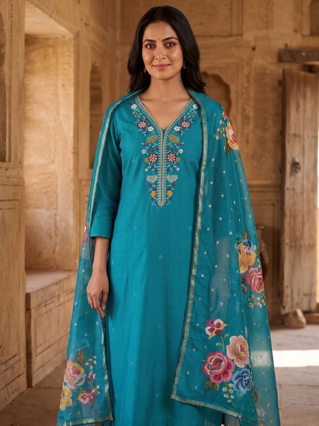 Peachmode Turquoise Floral Embroidered Chanderi Silk Dress Material - Image 3