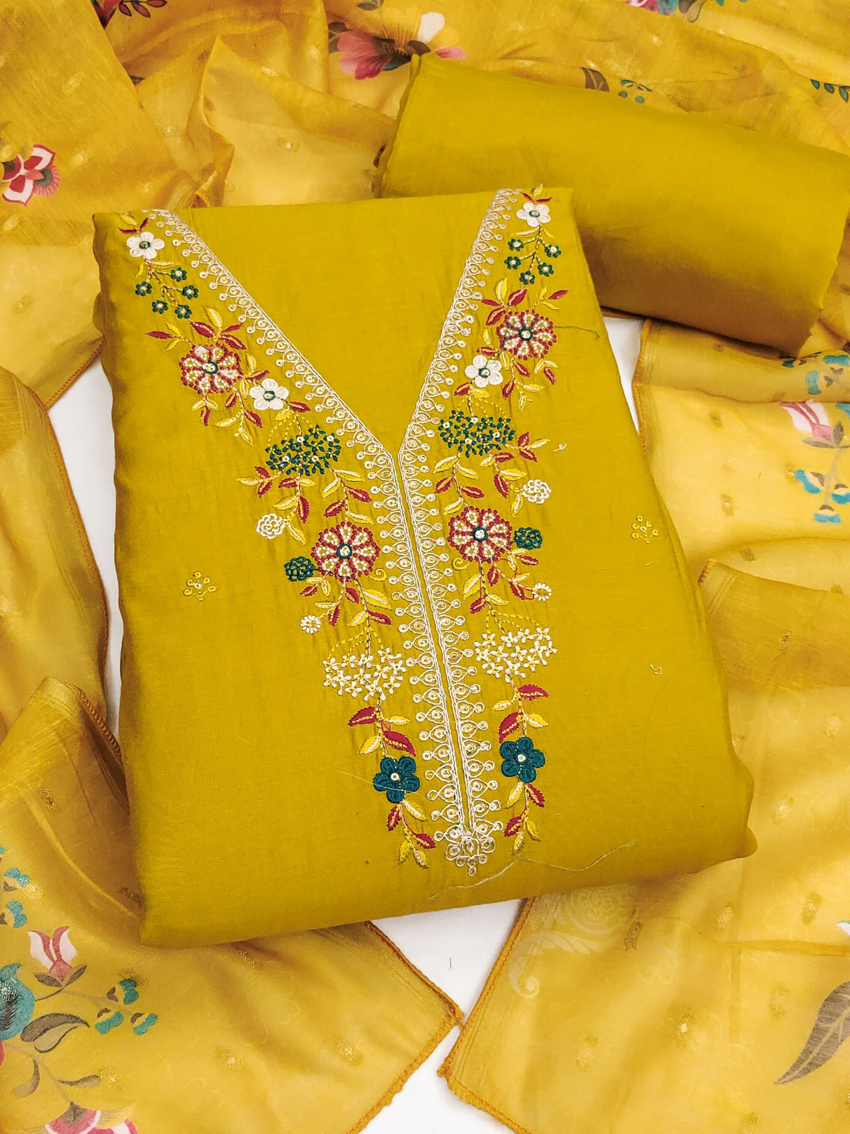 Peachmode Yellow Floral Embroidered Chanderi Silk Dress Material - Image 1