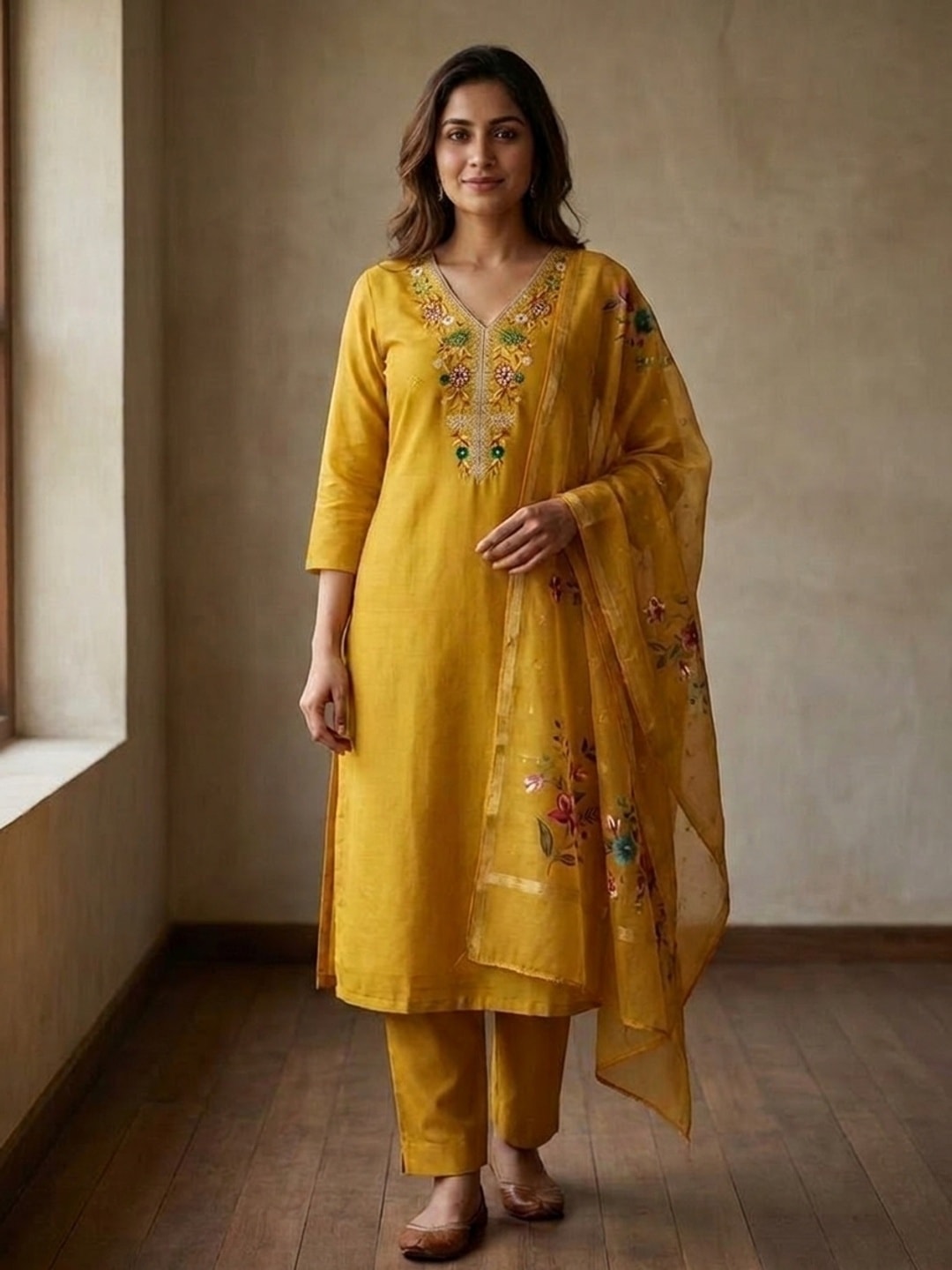 Peachmode Yellow Floral Embroidered Chanderi Silk Dress Material - Image 2