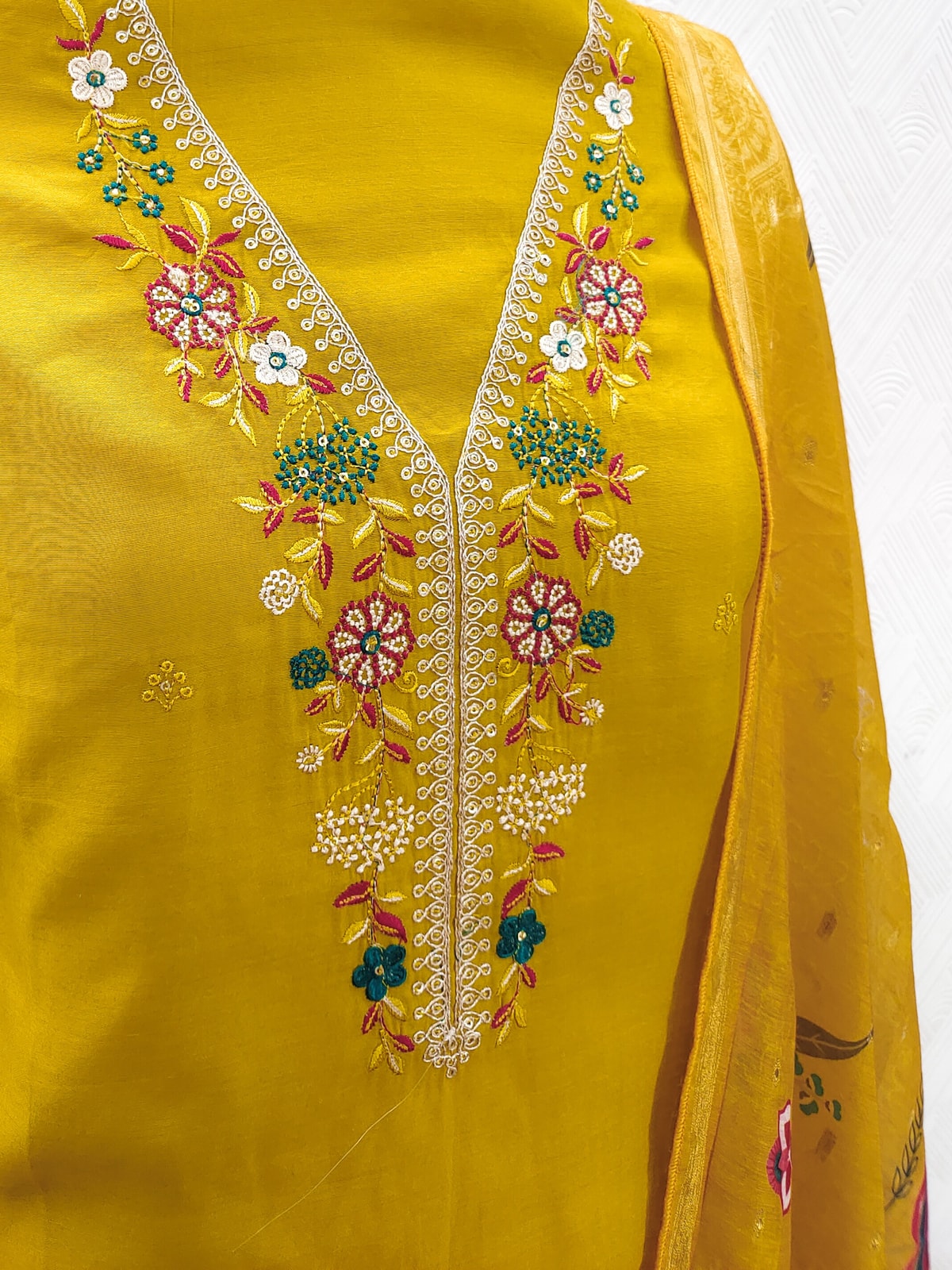 Peachmode Yellow Floral Embroidered Chanderi Silk Dress Material - Image 5