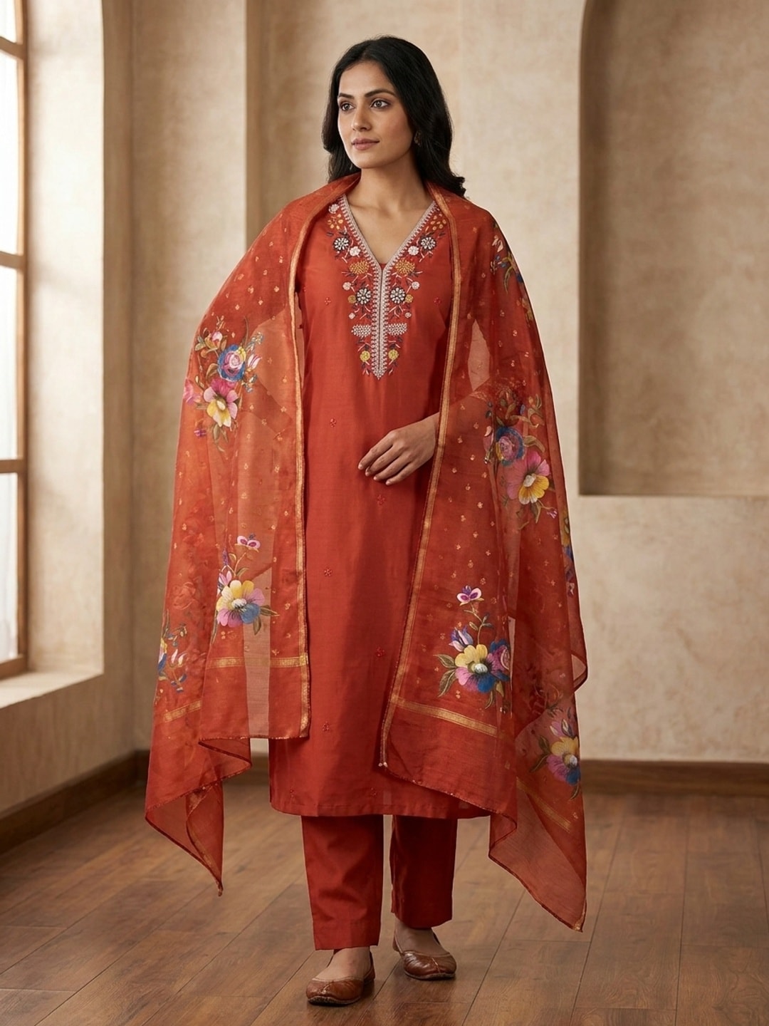 Peachmode Rust Floral Embroidered Chanderi Silk Dress Material - Image 2