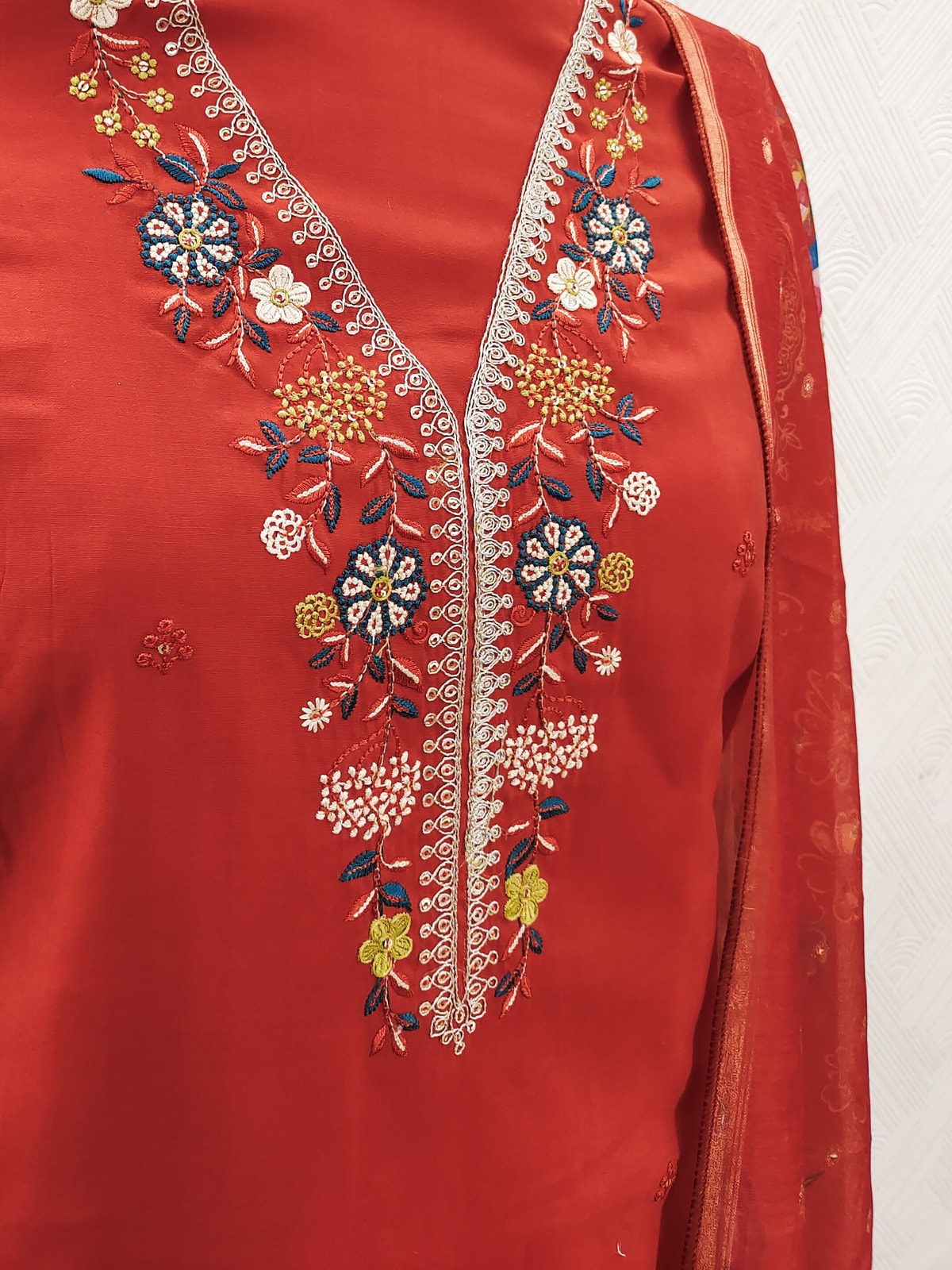 Peachmode Rust Floral Embroidered Chanderi Silk Dress Material - Image 5