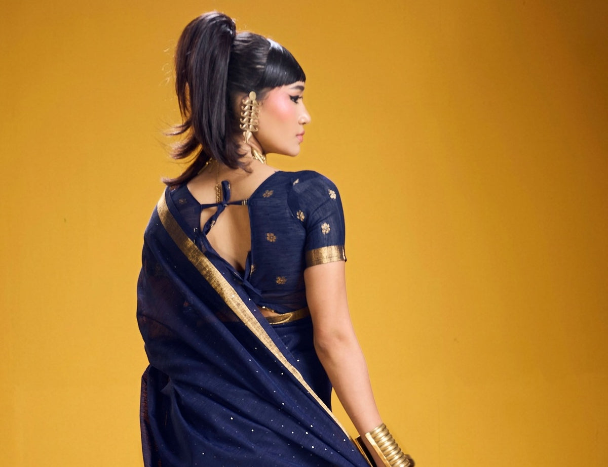 Peachmode Navy Blue Pure Munga Silk Handloom Woven Saree - Image 2