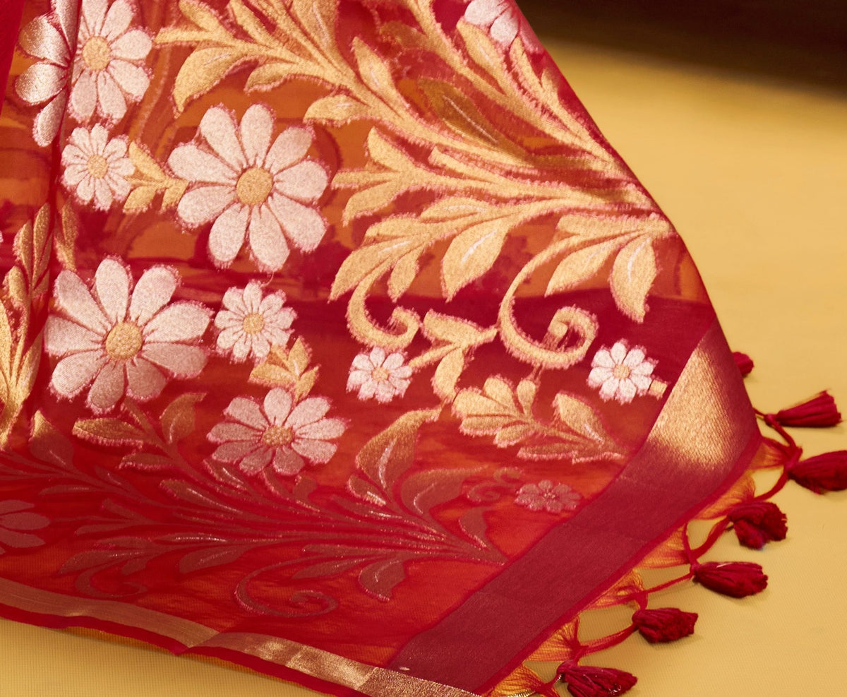 Peachmode Red Pure Munga Silk Handloom Woven Saree - Image 5