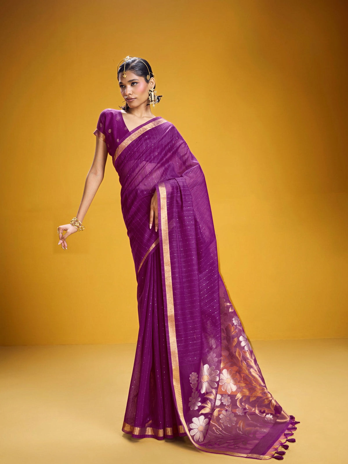 Peachmode Purple Pure Munga Silk Handloom Woven Saree - Image 1