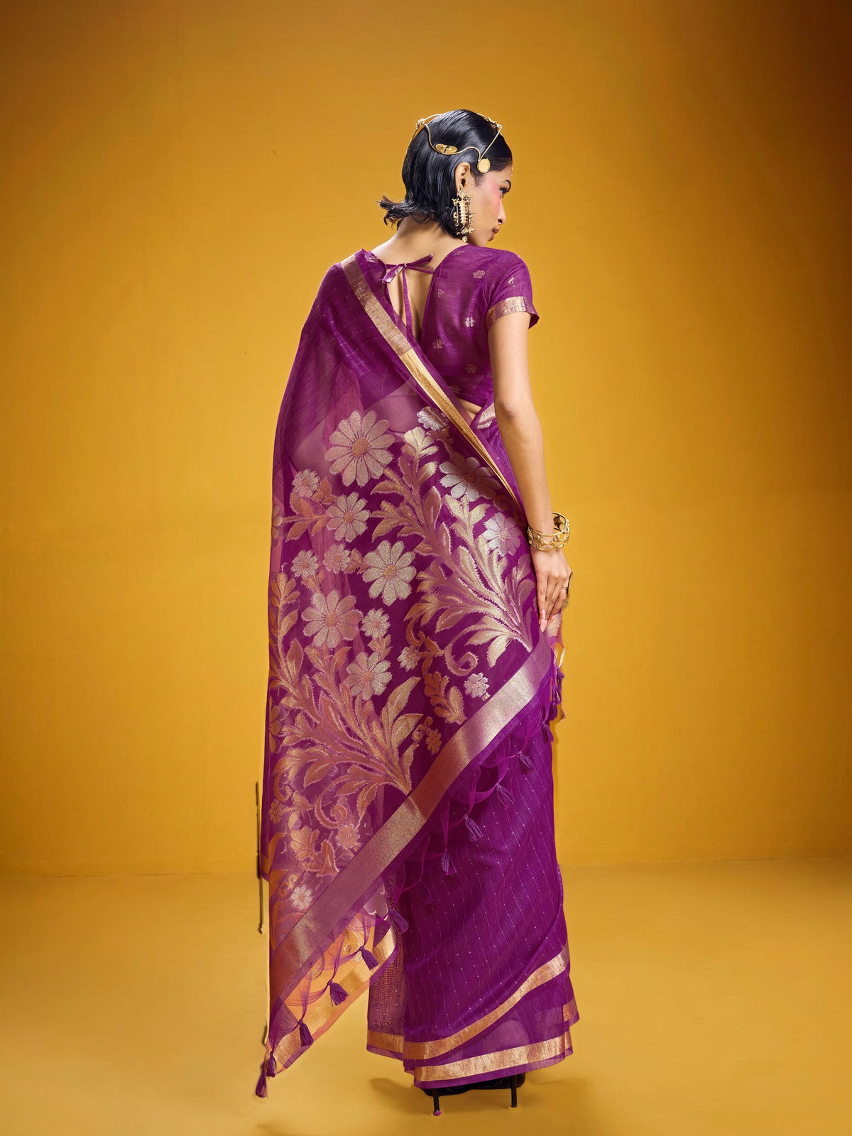 Peachmode Purple Pure Munga Silk Handloom Woven Saree - Image 2