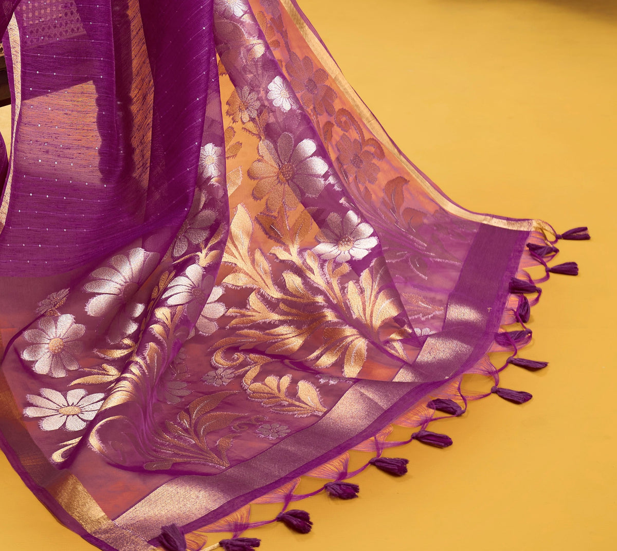 Peachmode Purple Pure Munga Silk Handloom Woven Saree - Image 5