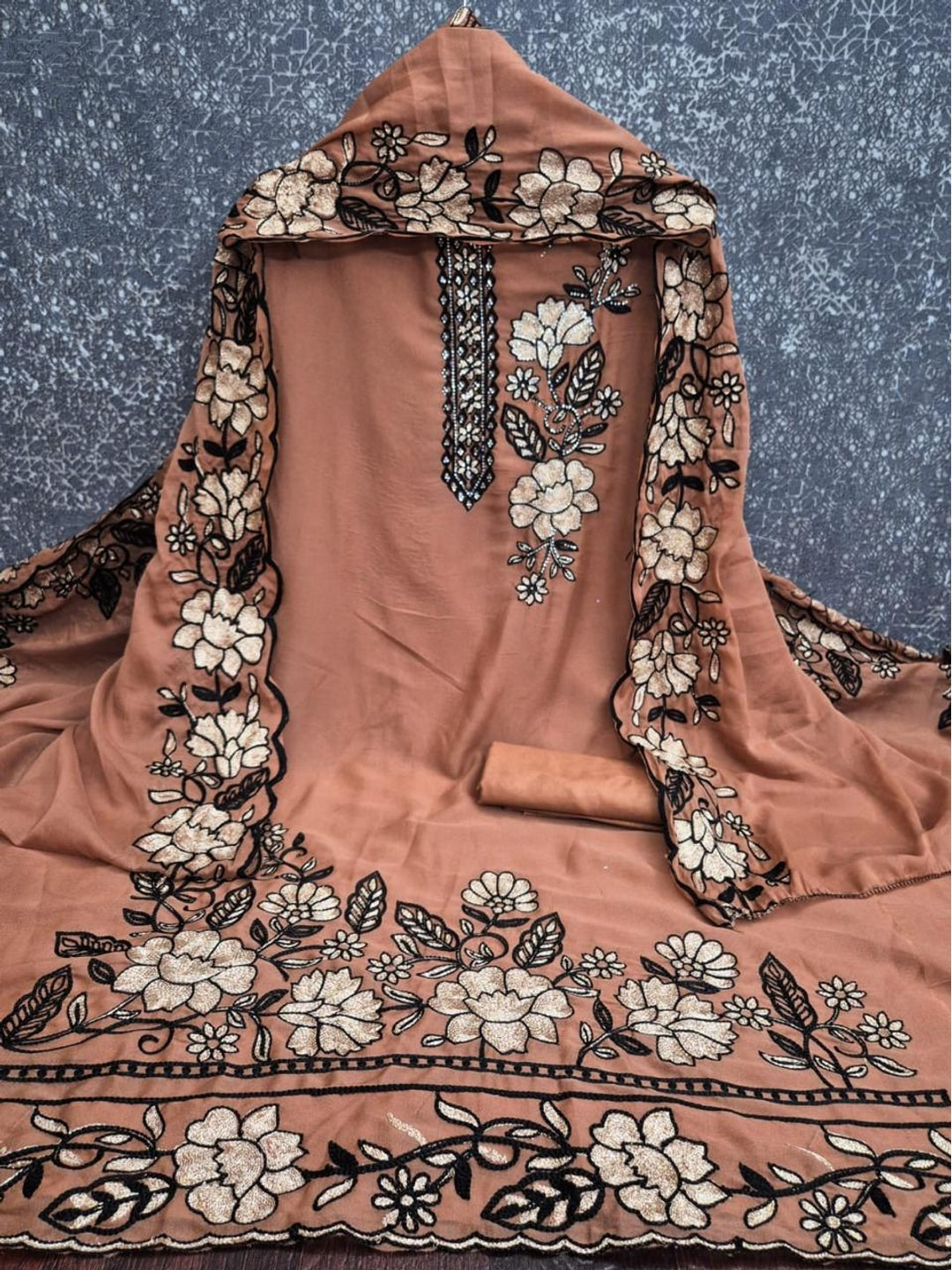Peachmode Brown Floral Embroidered Georgette Dress Material - Image 3