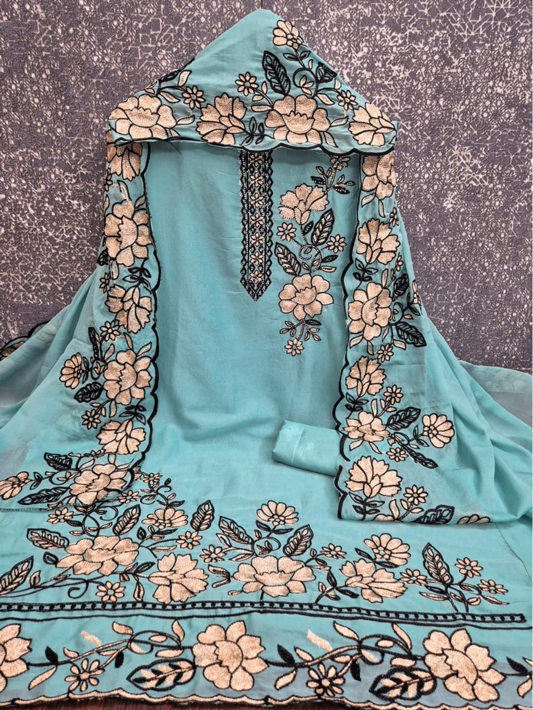 Peachmode Turquoise Floral Embroidered Georgette Dress Material - Image 3