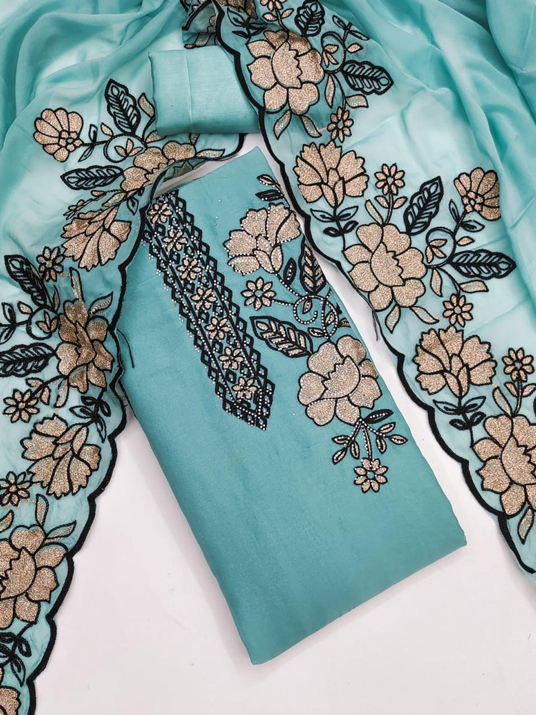 Peachmode Turquoise Floral Embroidered Georgette Dress Material - Image 5
