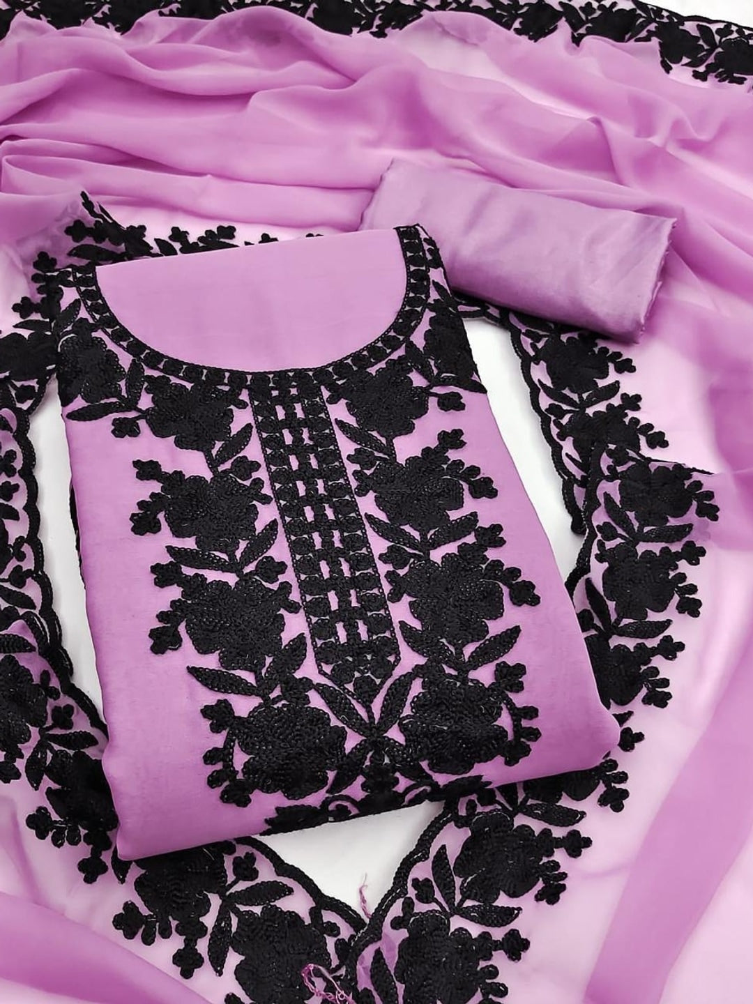 Peachmode Lavender Thread Embroidered Georgette Dress Material - Image 1