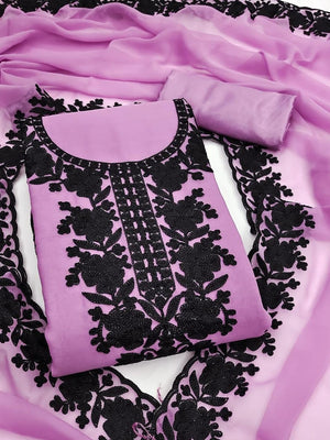 Peachmode Lavender Thread Embroidered Georgette Dress Material - Image 1