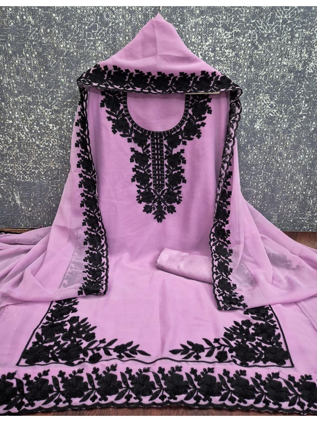 Peachmode Lavender Thread Embroidered Georgette Dress Material - Image 3