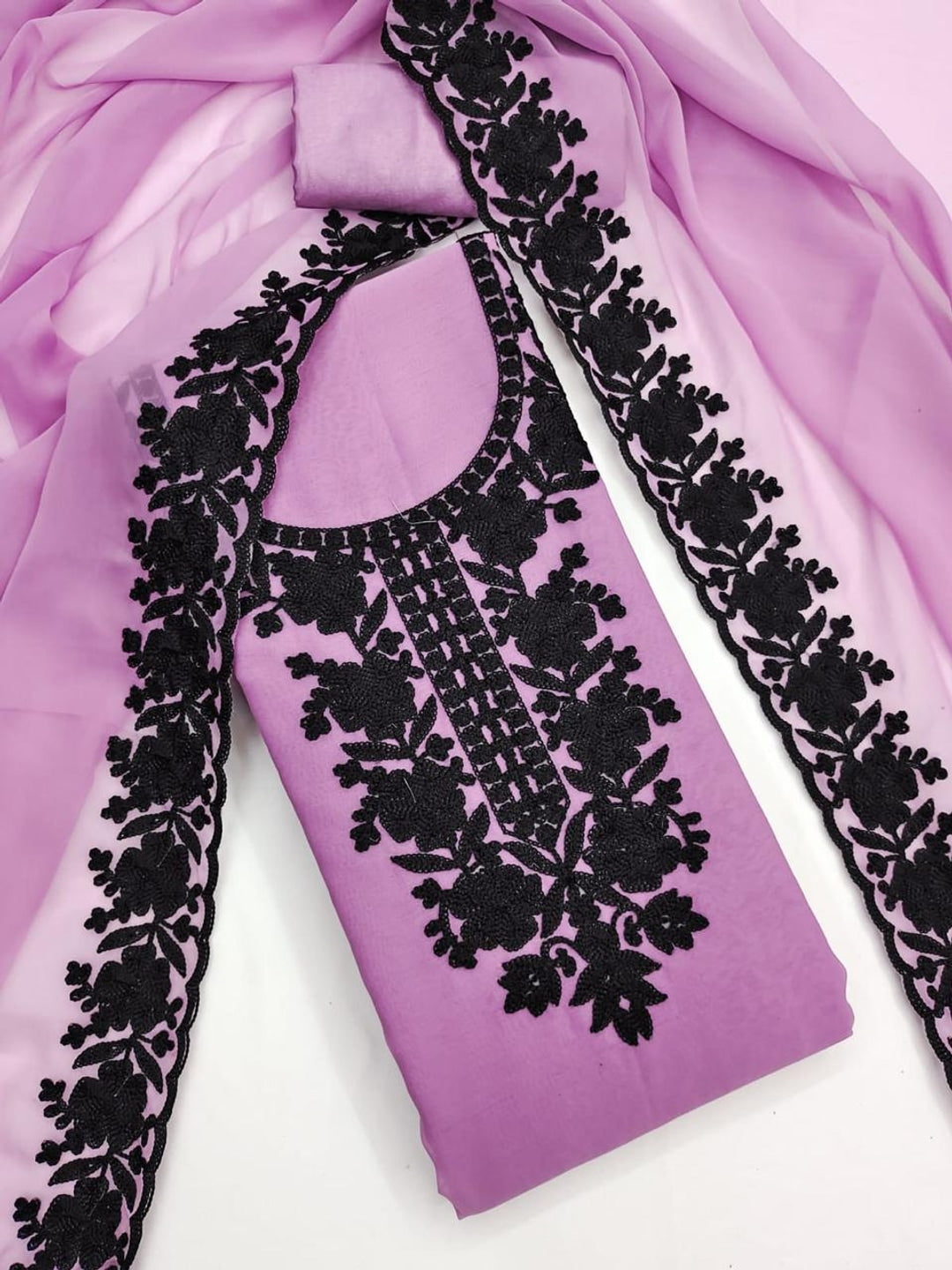 Peachmode Lavender Thread Embroidered Georgette Dress Material - Image 4