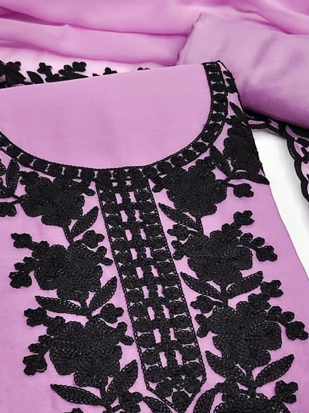 Peachmode Lavender Thread Embroidered Georgette Dress Material - Image 5