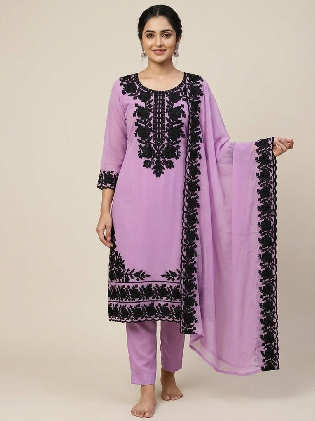 Peachmode Lavender Thread Embroidered Georgette Dress Material - Image 2