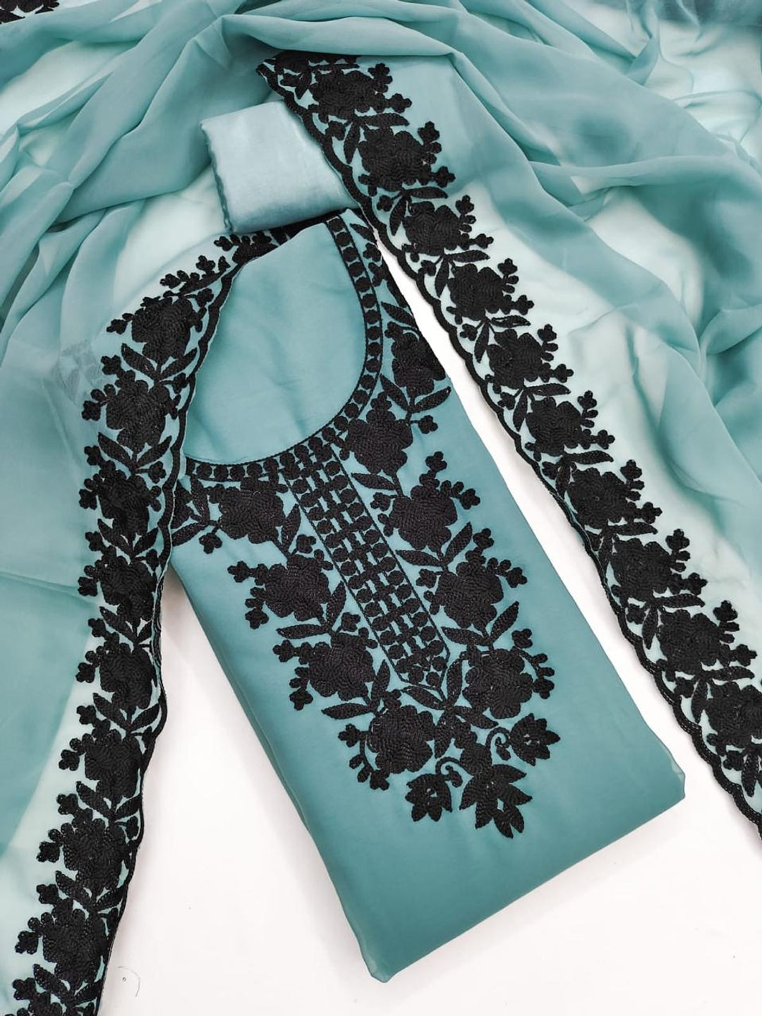 Peachmode Blue Thread Embroidered Georgette Dress Material - Image 4