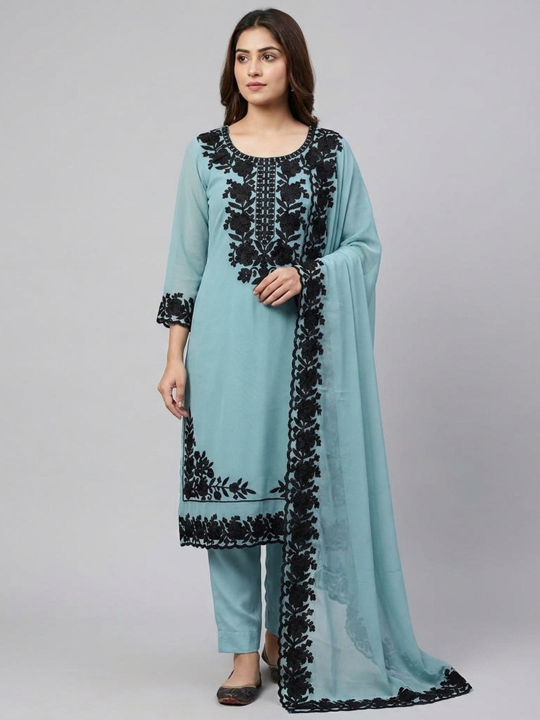Peachmode Blue Thread Embroidered Georgette Dress Material - Image 2