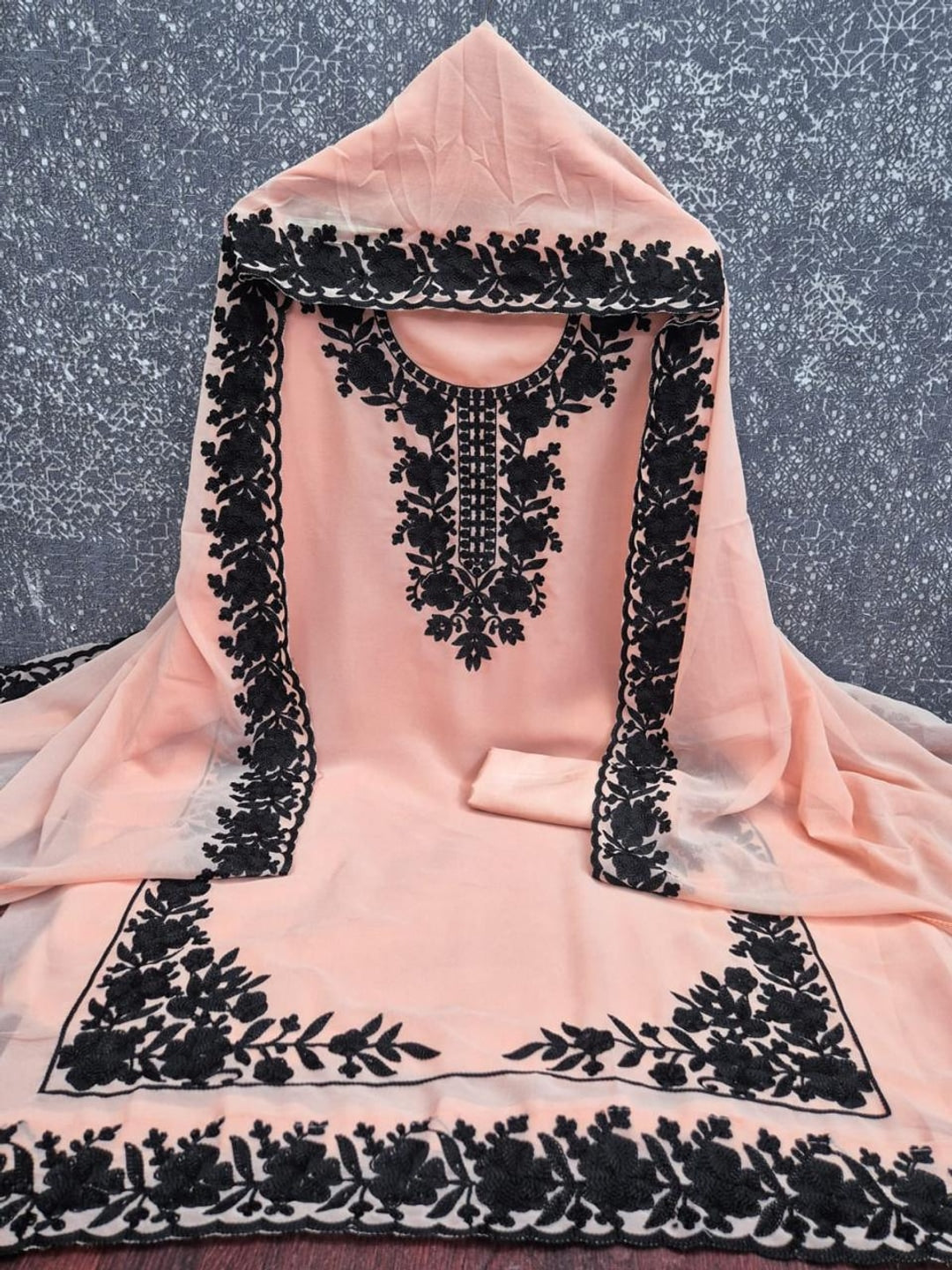 Peachmode Peach Thread Embroidered Georgette Dress Material - Image 3