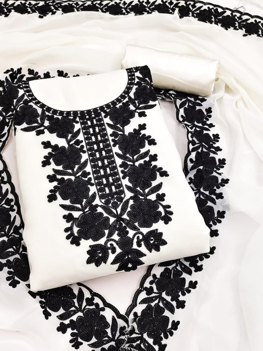 Peachmode White & Black Thread Embroidered Georgette Dress Material - Image 1