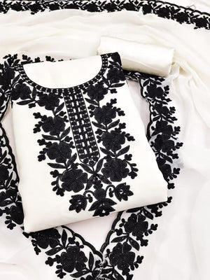 Peachmode White & Black Thread Embroidered Georgette Dress Material - Image 1