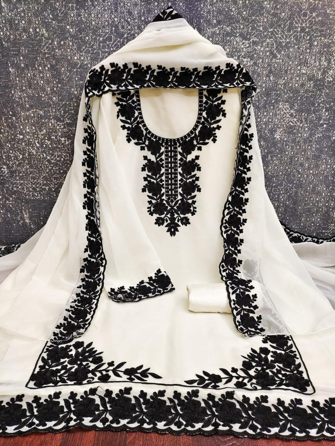Peachmode White & Black Thread Embroidered Georgette Dress Material - Image 3