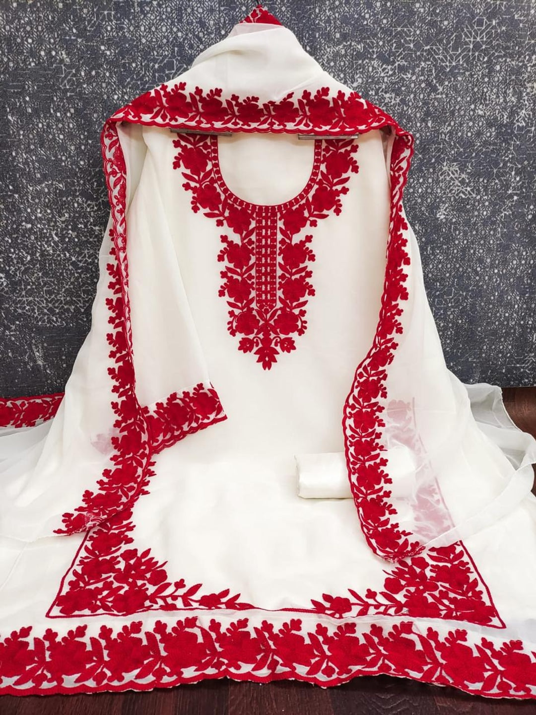 Peachmode White & Red Thread Embroidered Georgette Dress Material - Image 3