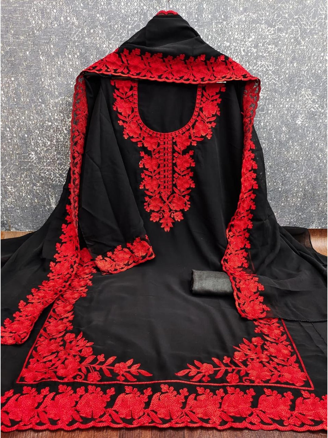 Peachmode Black & Red Thread Embroidered Georgette Dress Material - Image 3