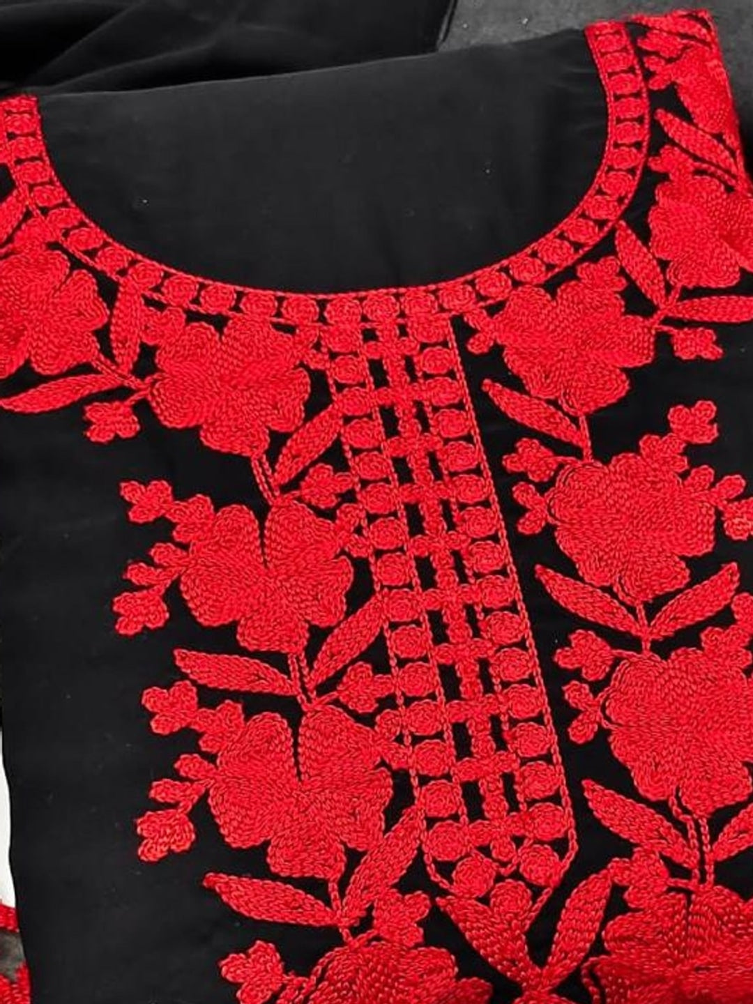 Peachmode Black & Red Thread Embroidered Georgette Dress Material - Image 4