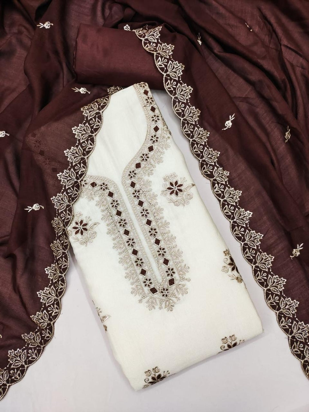 Peachmode White & Brown Embroidered Vichitra Silk Dress Material - Image 1