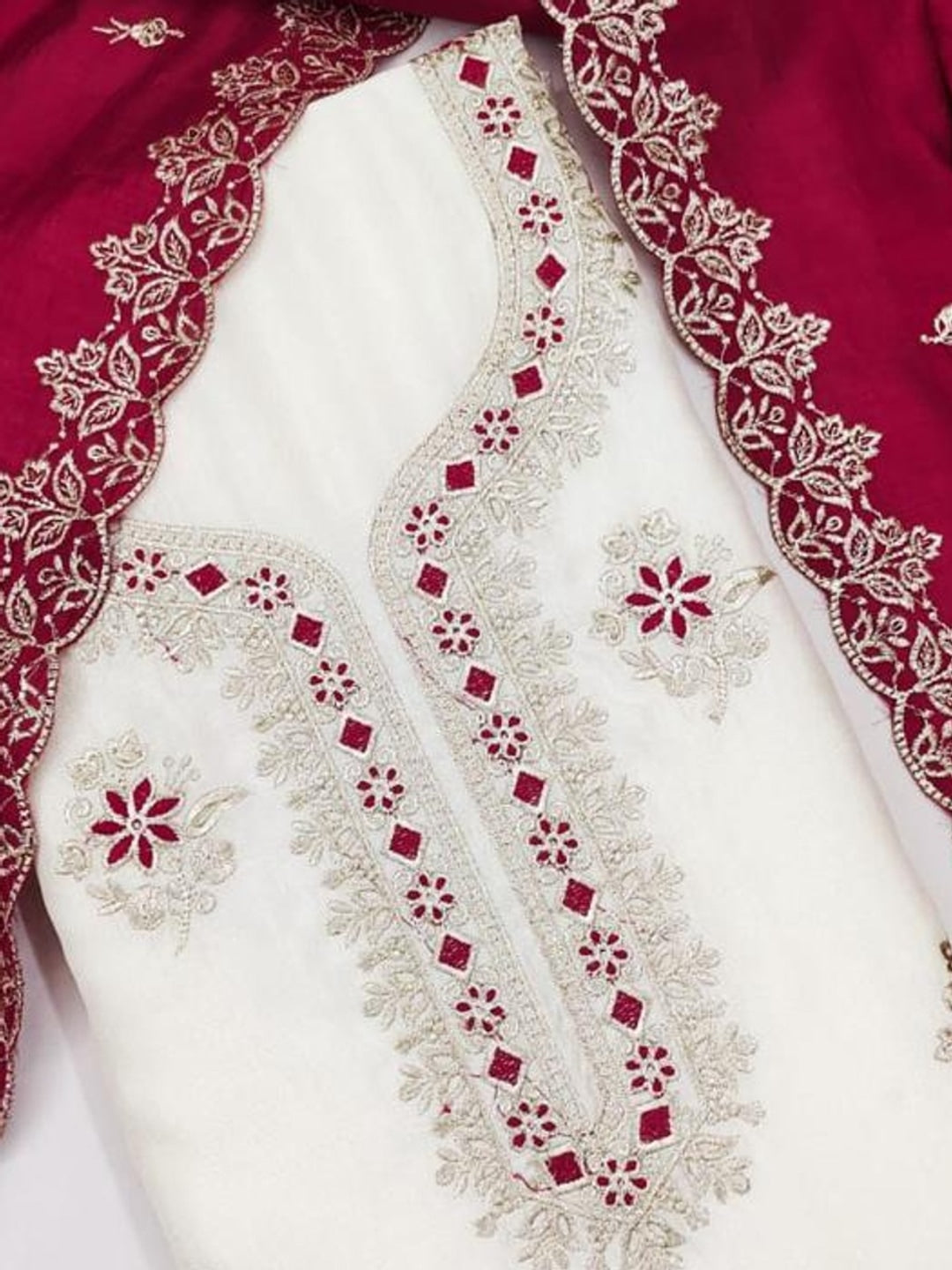 Peachmode White & Magenta Embroidered Vichitra Silk Dress Material - Image 5
