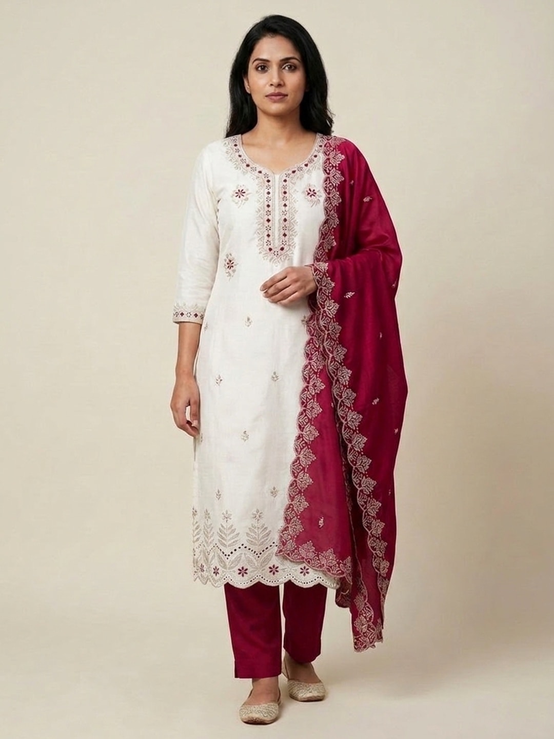 Peachmode White & Magenta Embroidered Vichitra Silk Dress Material - Image 2