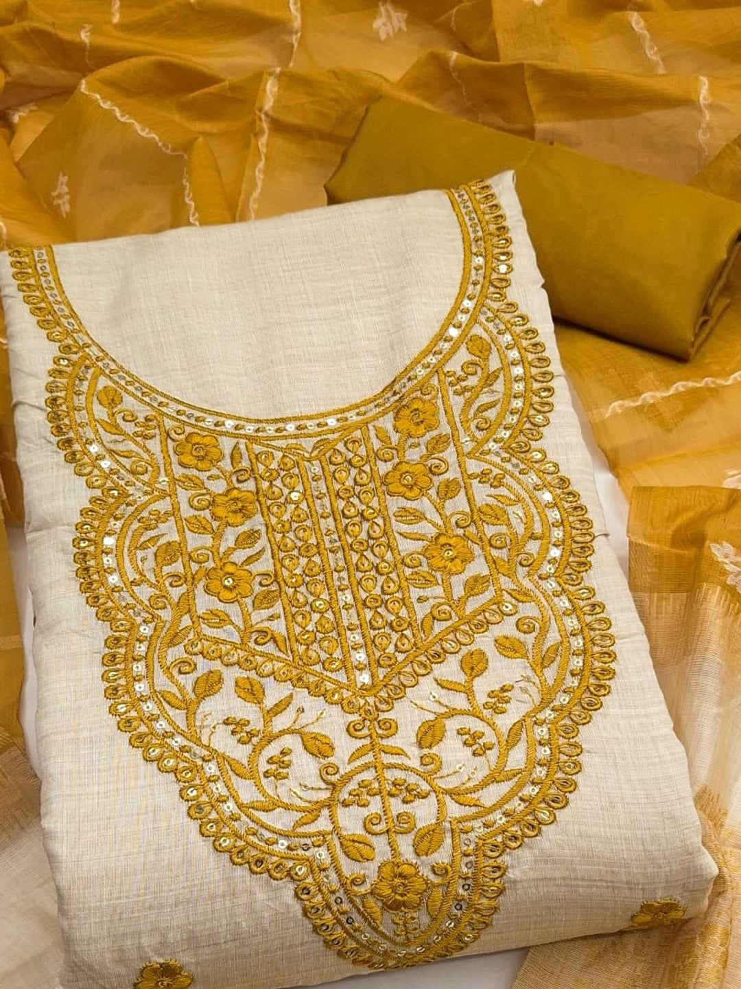 Peachmode Cream & Mustard Embroidered Jamdani Jacquard Dress Material - Image 1