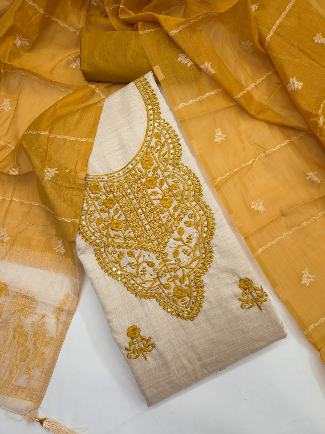 Peachmode Cream & Mustard Embroidered Jamdani Jacquard Dress Material - Image 4