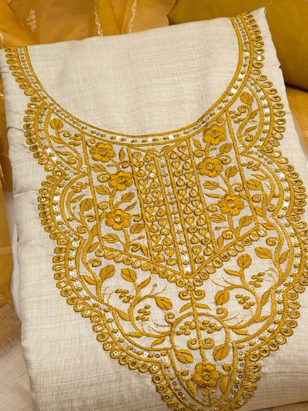 Peachmode Cream & Mustard Embroidered Jamdani Jacquard Dress Material - Image 5