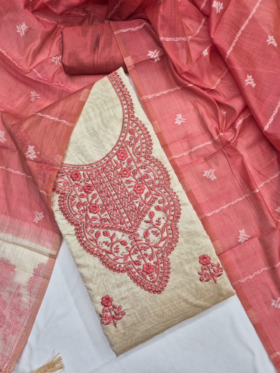 Peachmode Cream & Coral Embroidered Jamdani Jacquard Dress Material - Image 4